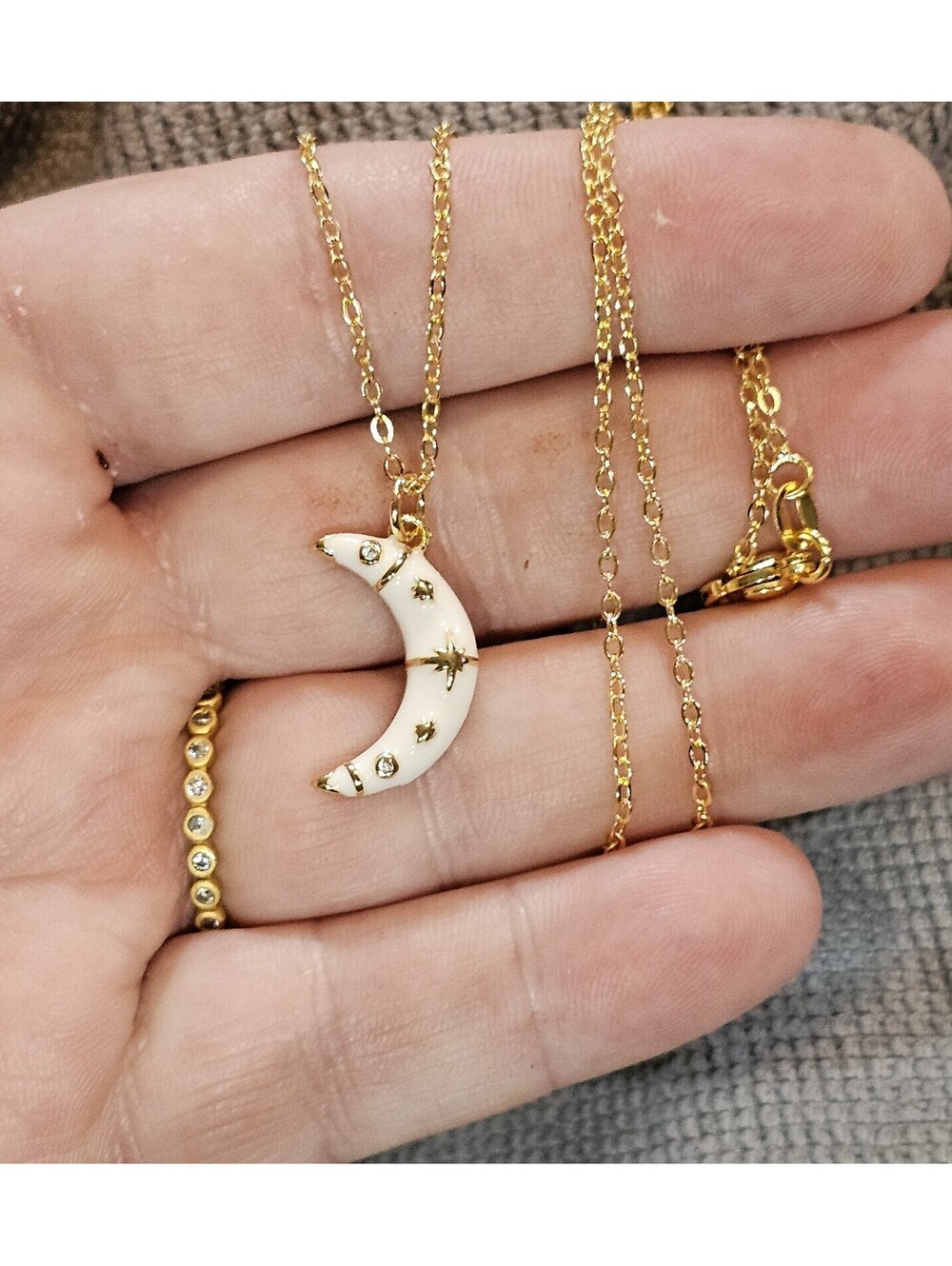White Enamel Moon Pendant CZ 14k Gold-plated Necklace